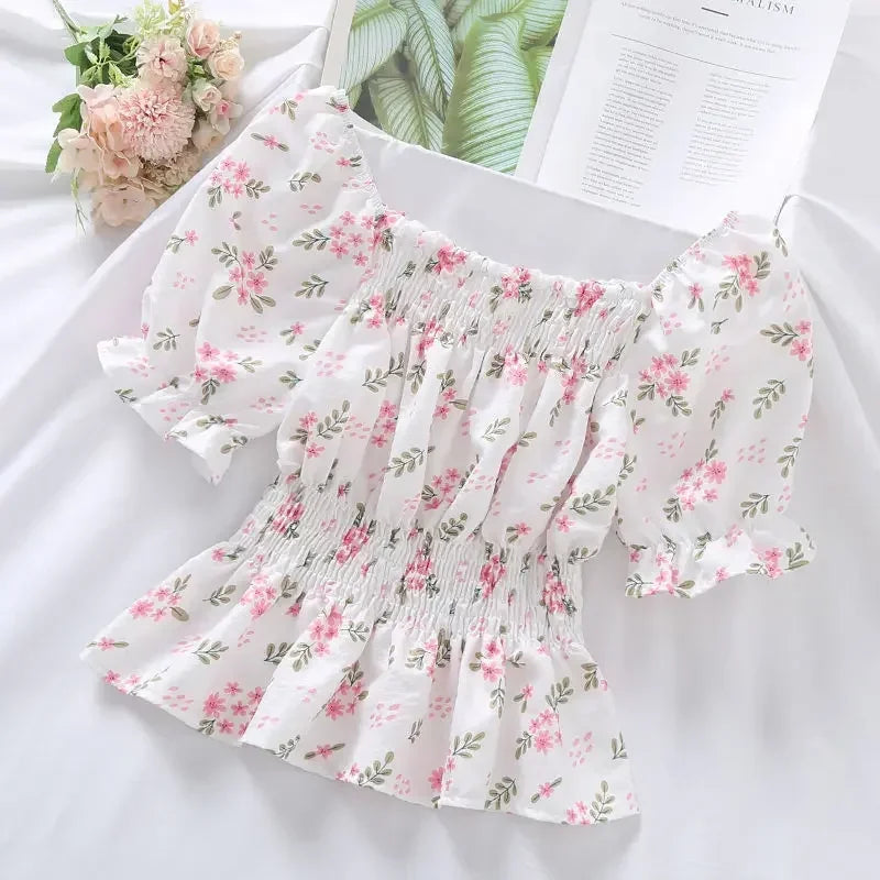 Floral Slash Neck Chiffon Crop Top for Women