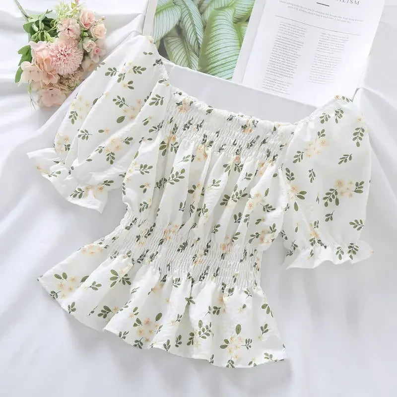 Floral Slash Neck Chiffon Crop Top for Women
