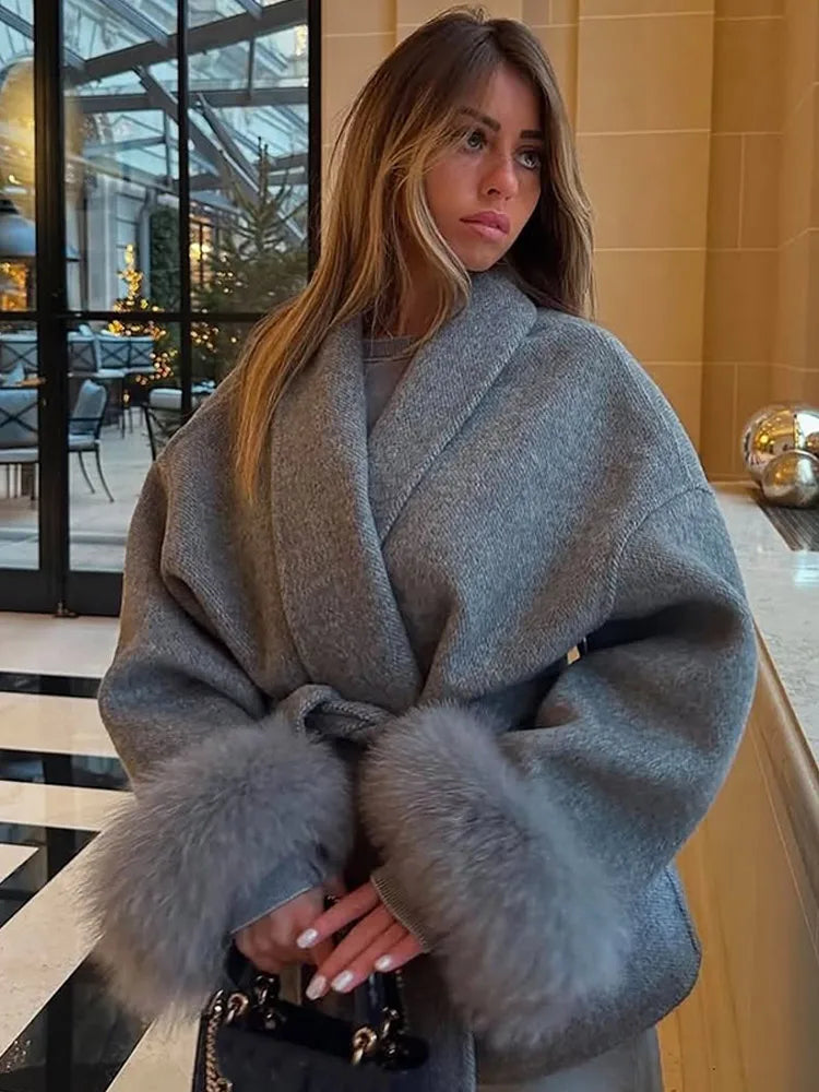 Fur Patchwork Woolen Short Coat for Women