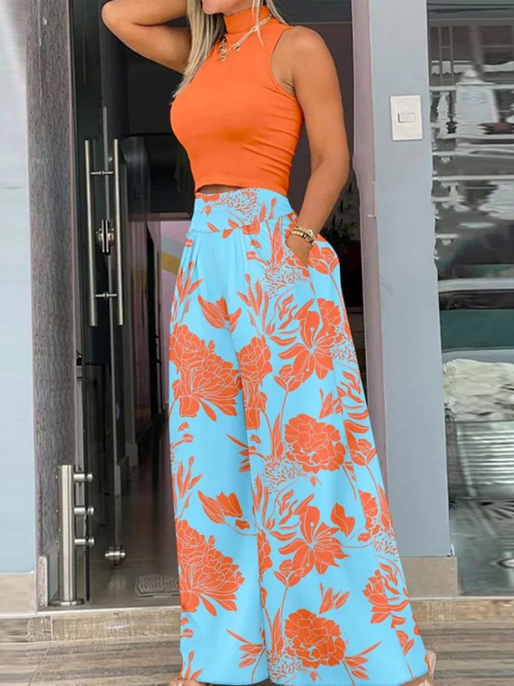 Sleeveless Tank Top & Wide Leg Pants Two-Piece Set