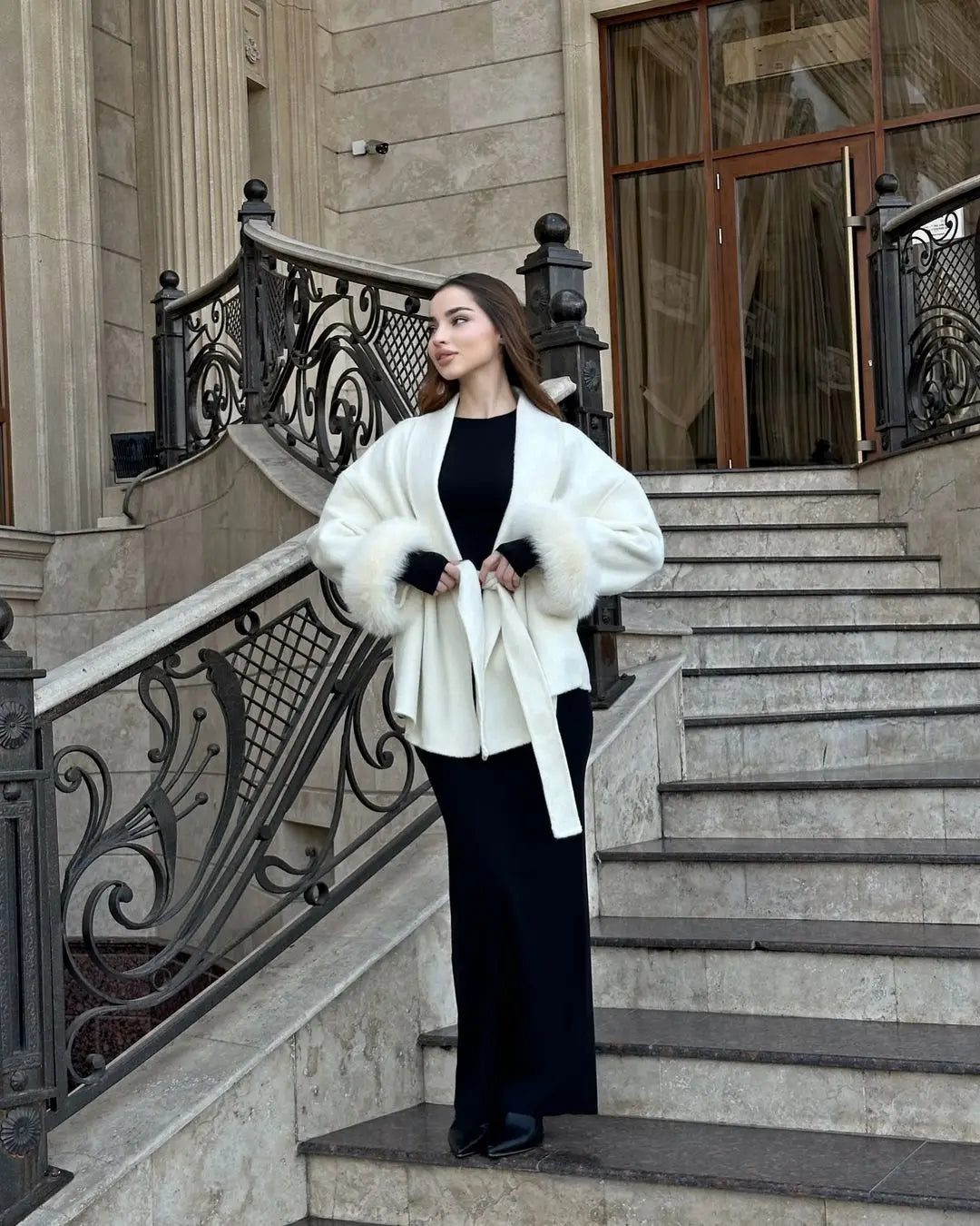 Fur Patchwork Woolen Short Coat for Women