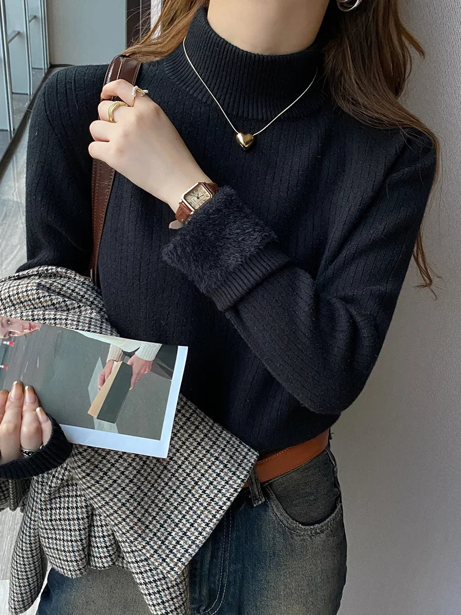 Retro Red Velvet-Lined Turtleneck Sweater for Women