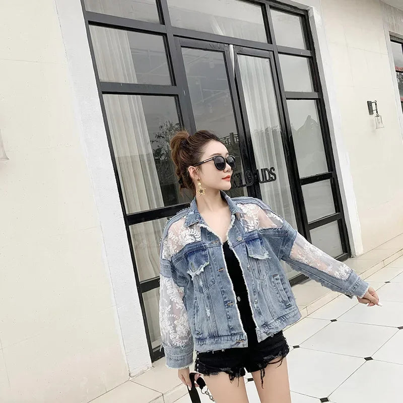 Lace Denim Cardigan Jacket for Women | Y2K Gothic Style
