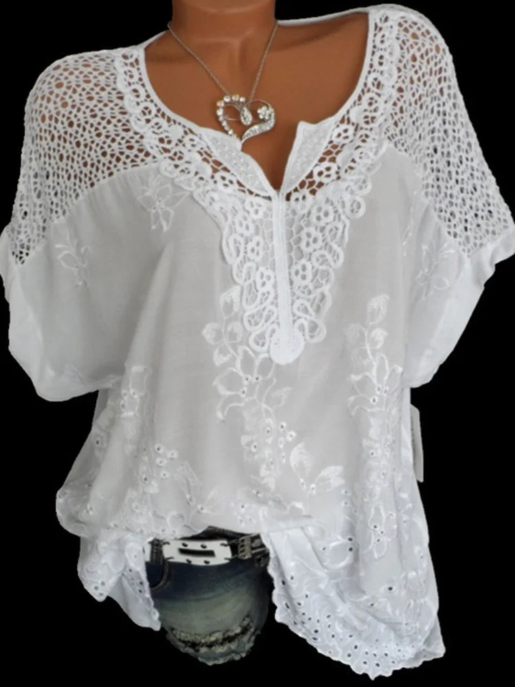 Lace V-Neck White Blouse for Women