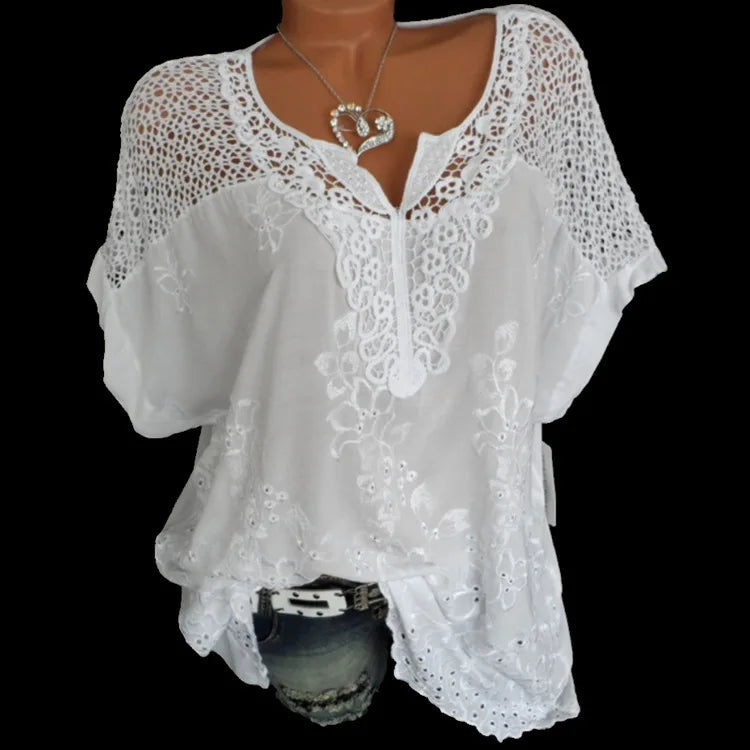 Lace V-Neck White Blouse for Women