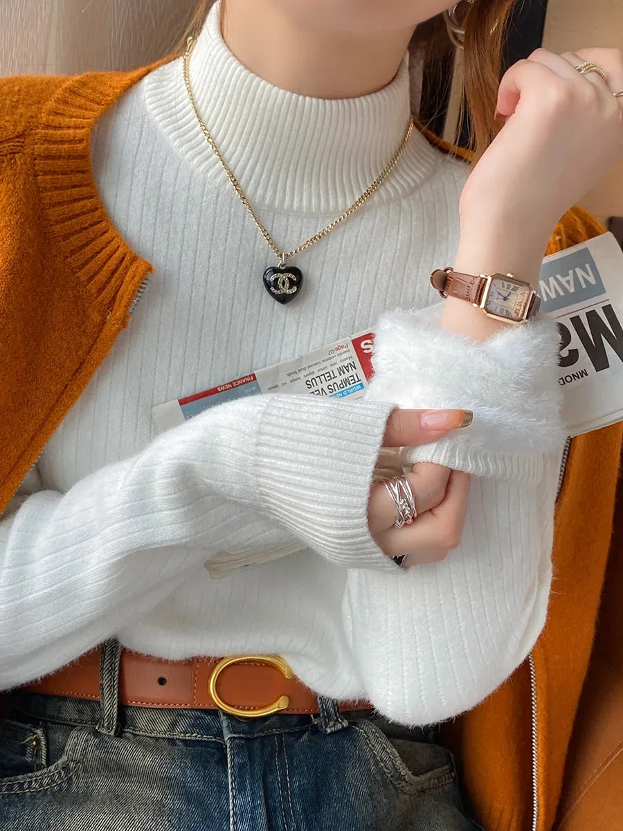 Retro Red Velvet-Lined Turtleneck Sweater for Women