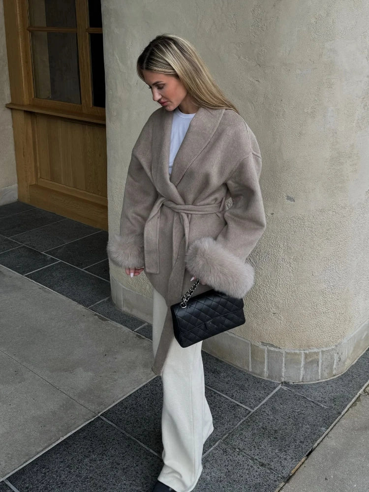 Fur Patchwork Woolen Short Coat for Women