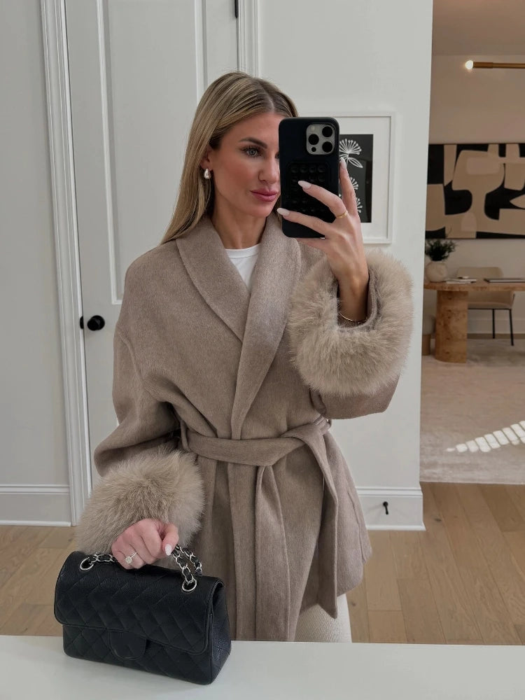 Fur Patchwork Woolen Short Coat for Women