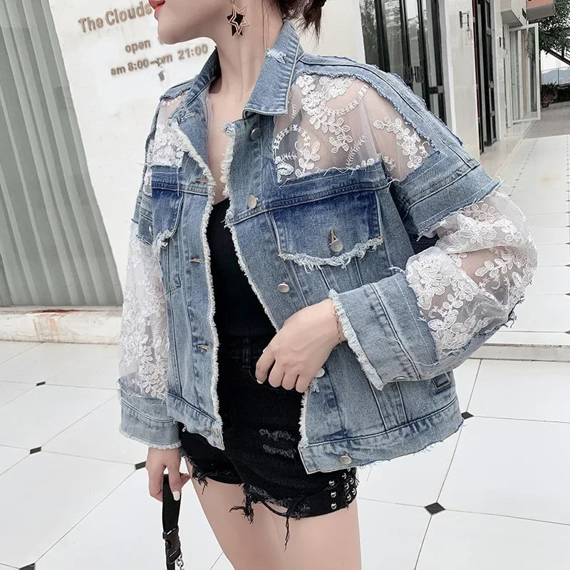 Lace Denim Cardigan Jacket for Women | Y2K Gothic Style