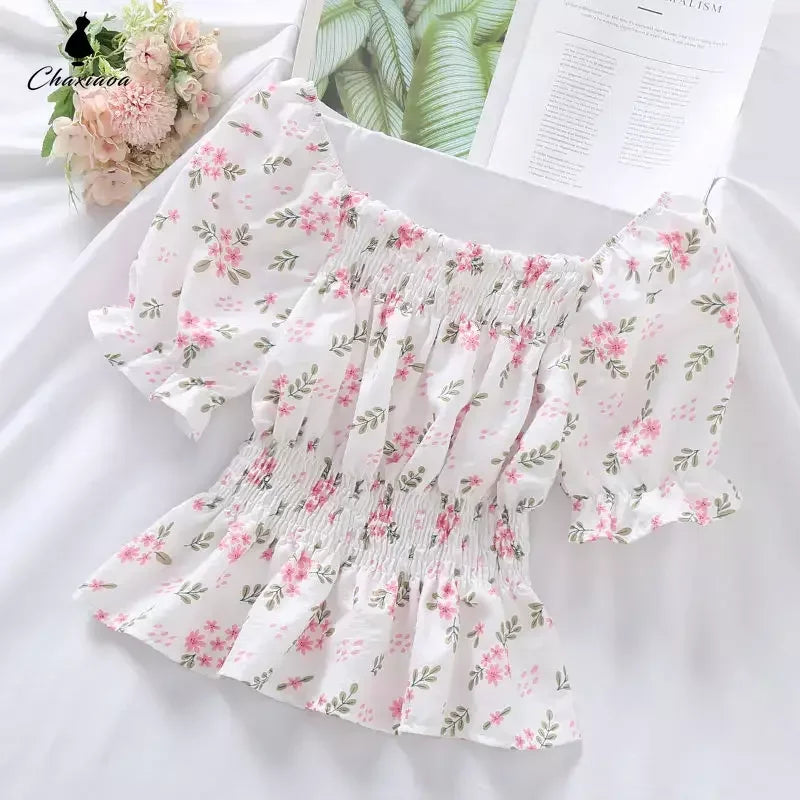 Floral Slash Neck Chiffon Crop Top for Women