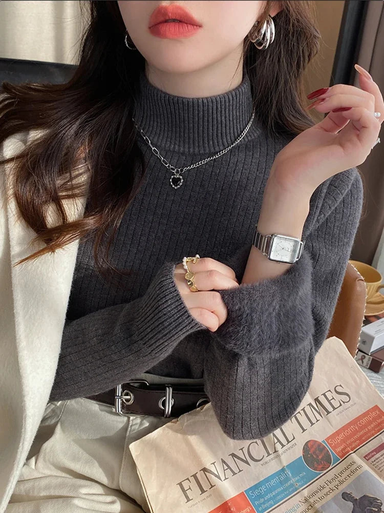 Retro Red Velvet-Lined Turtleneck Sweater for Women