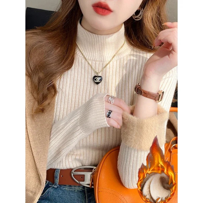 Retro Red Velvet-Lined Turtleneck Sweater for Women
