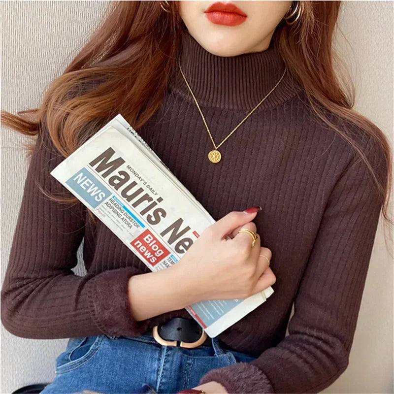 Retro Red Velvet-Lined Turtleneck Sweater for Women