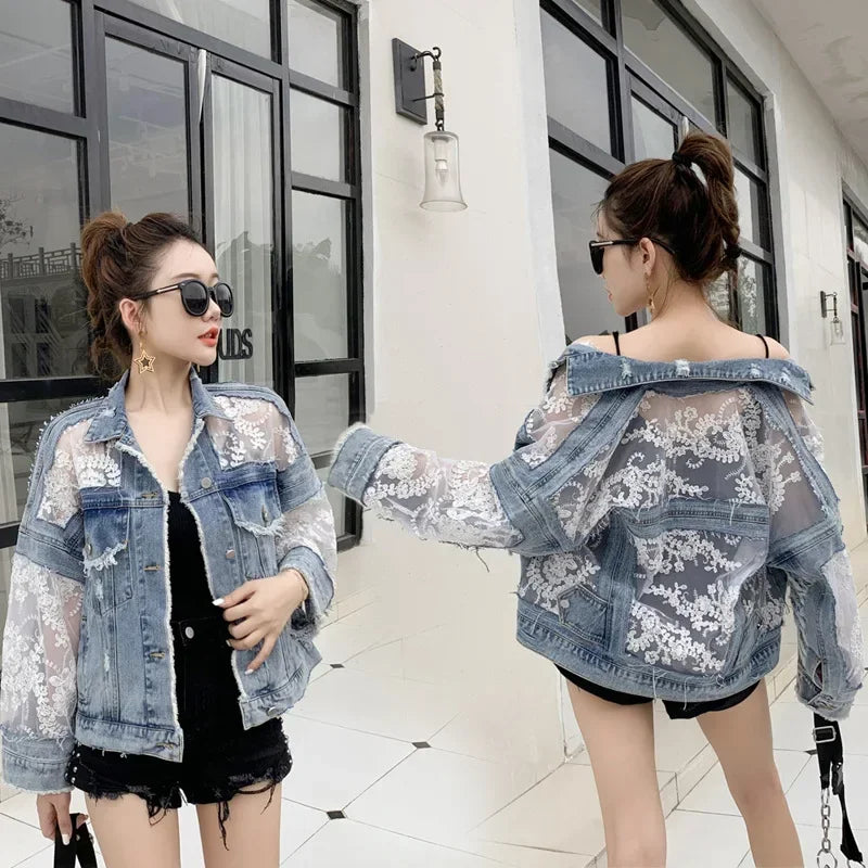 Lace Denim Cardigan Jacket for Women | Y2K Gothic Style