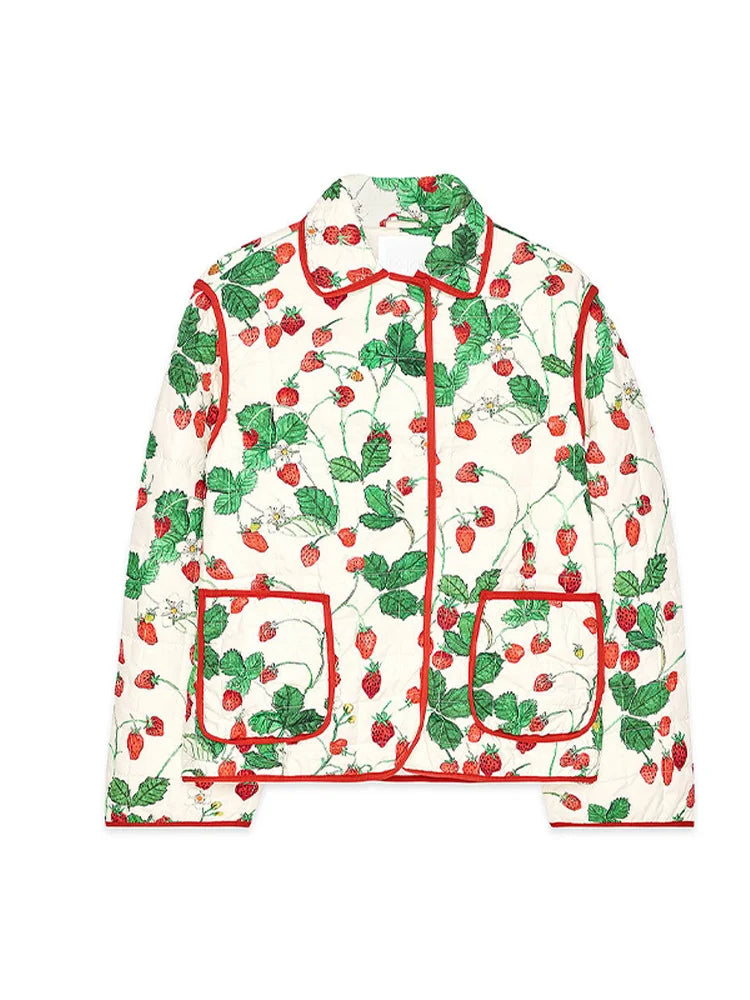 Women's Fashion Print Panelled Quilted Cotton Jacket Long Sleeve Pocket Cardigan Coat 2025 Autumn Winter Daily Casual Outerwear