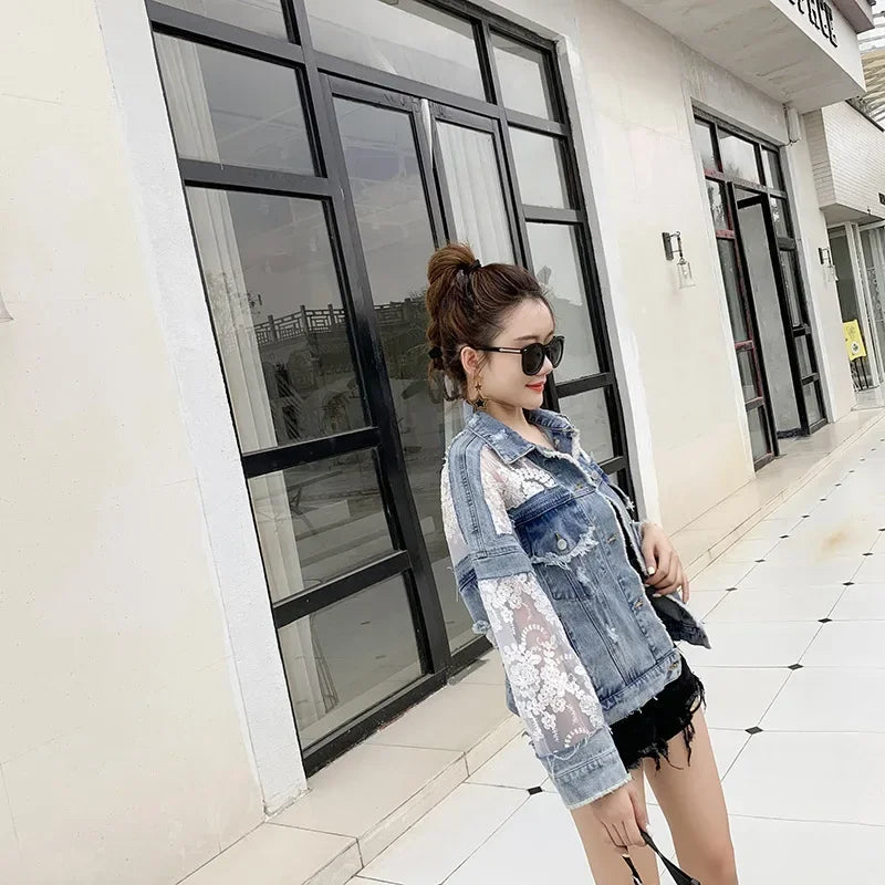 Lace Denim Cardigan Jacket for Women | Y2K Gothic Style