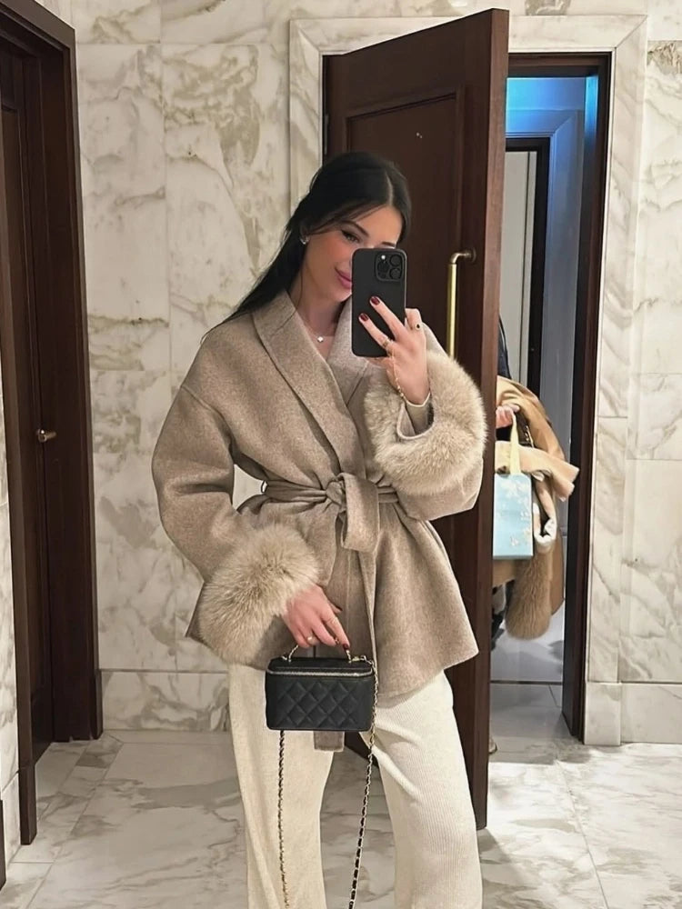Fur Patchwork Woolen Short Coat for Women