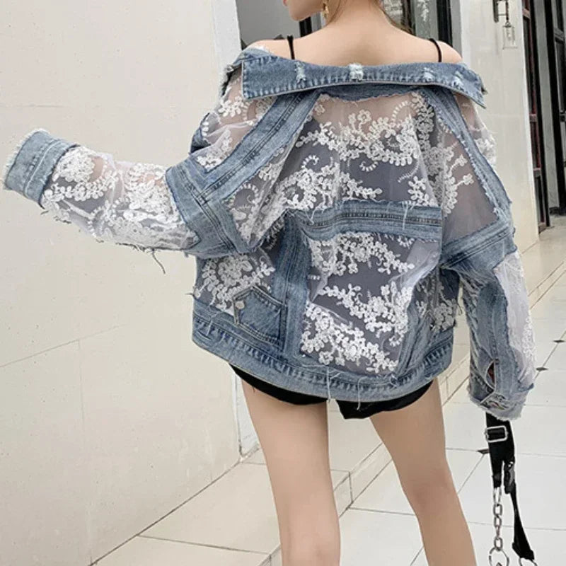 Lace Denim Cardigan Jacket for Women | Y2K Gothic Style