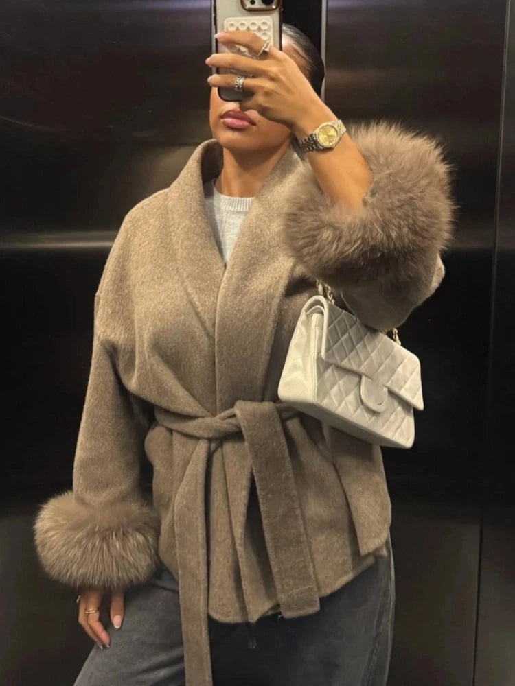 Fur Patchwork Woolen Short Coat for Women
