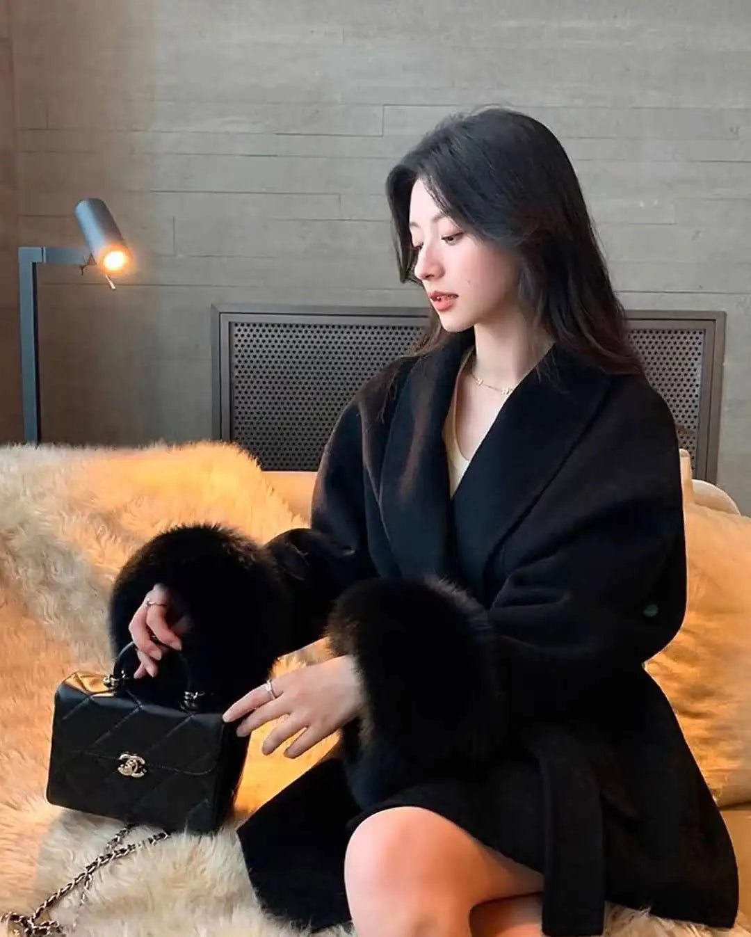 Fur Patchwork Woolen Short Coat for Women