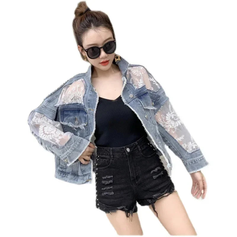 Lace Denim Cardigan Jacket for Women | Y2K Gothic Style