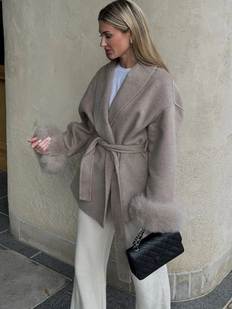 Fur Patchwork Woolen Short Coat for Women