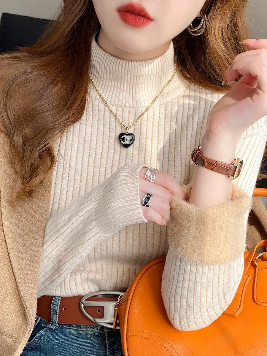Retro Red Velvet-Lined Turtleneck Sweater for Women